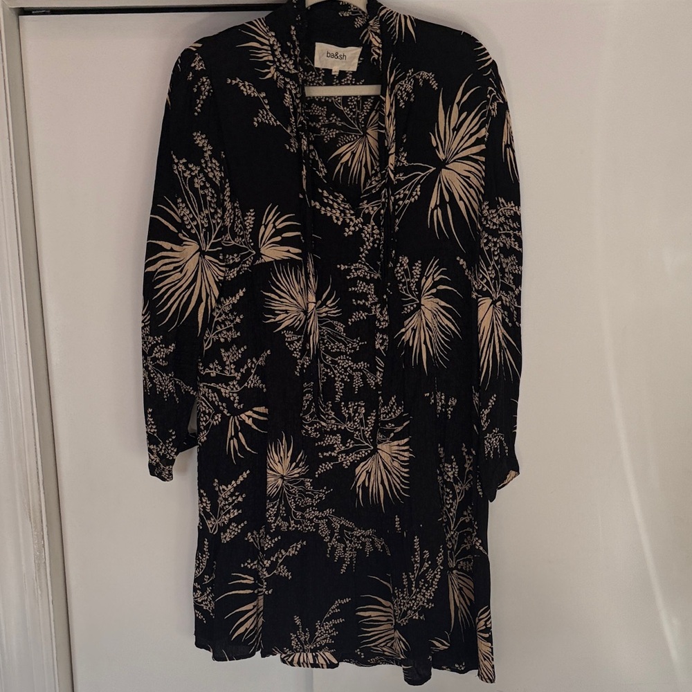 ba&sh Black and Cream Botanical Long Sleeve Dress
